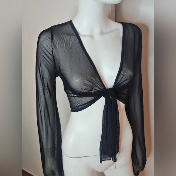 Windsor Black Sheer Tie-Front Long Sleeve Crop Blouse Size S/M - Picture 5 of 7